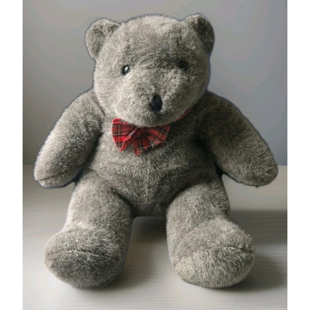 1985 CHARM Co Teddy Bear 20" Gray Soft Plush Korea Made‎ Plaid Bow Vintage Clean
